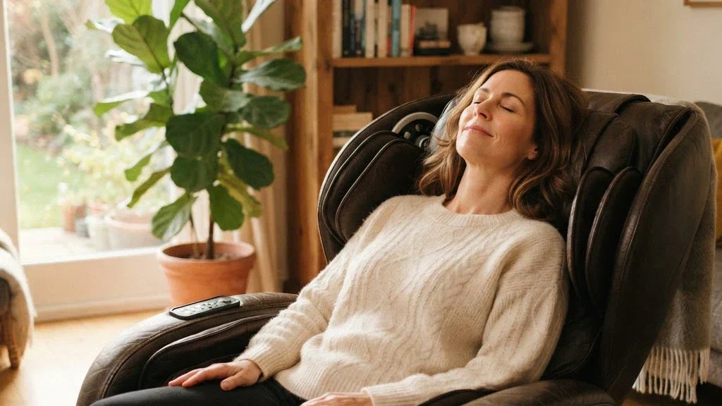 Femme détendue dans un fauteuil massant dans un salon lumineux