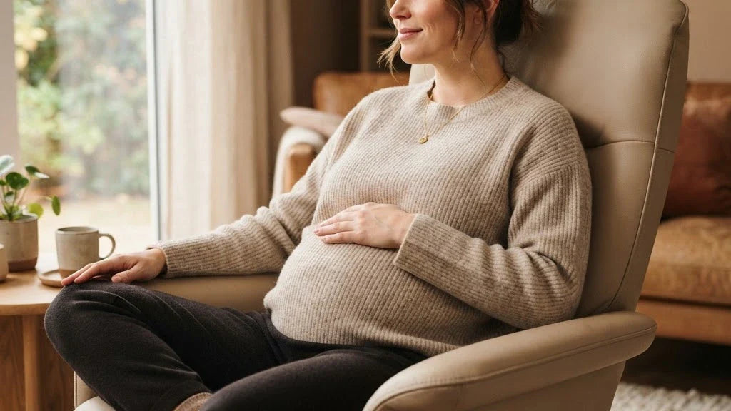 Femme enceinte detendue pres d un fauteuil massant grossesse - Le Bon Massage