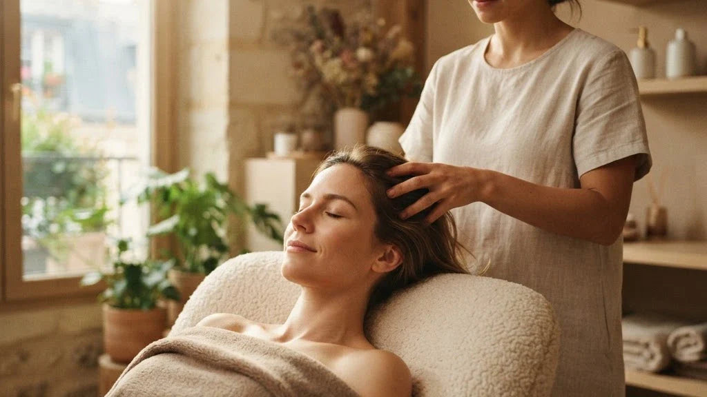 Personne recevant un massage du cuir chevelu relaxant en studio - Le Bon Massage
