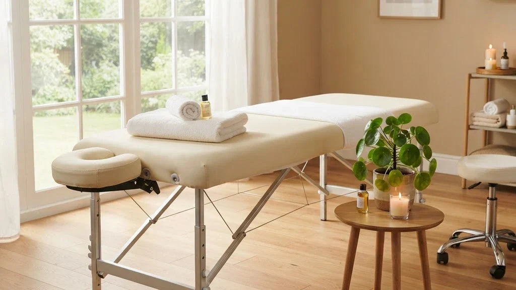 Table de massage pliante en aluminium installée dans un cabinet, lumière naturelle - Le Bon Massage