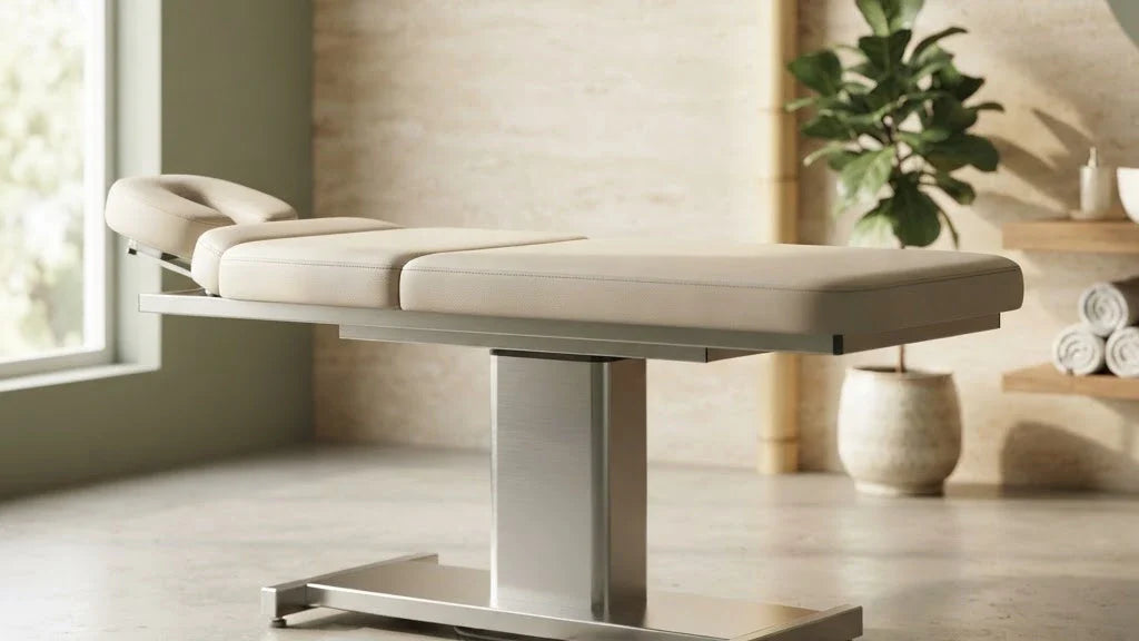 Table de massage electrique dans un cabinet spa lumineux - Le Bon Massage