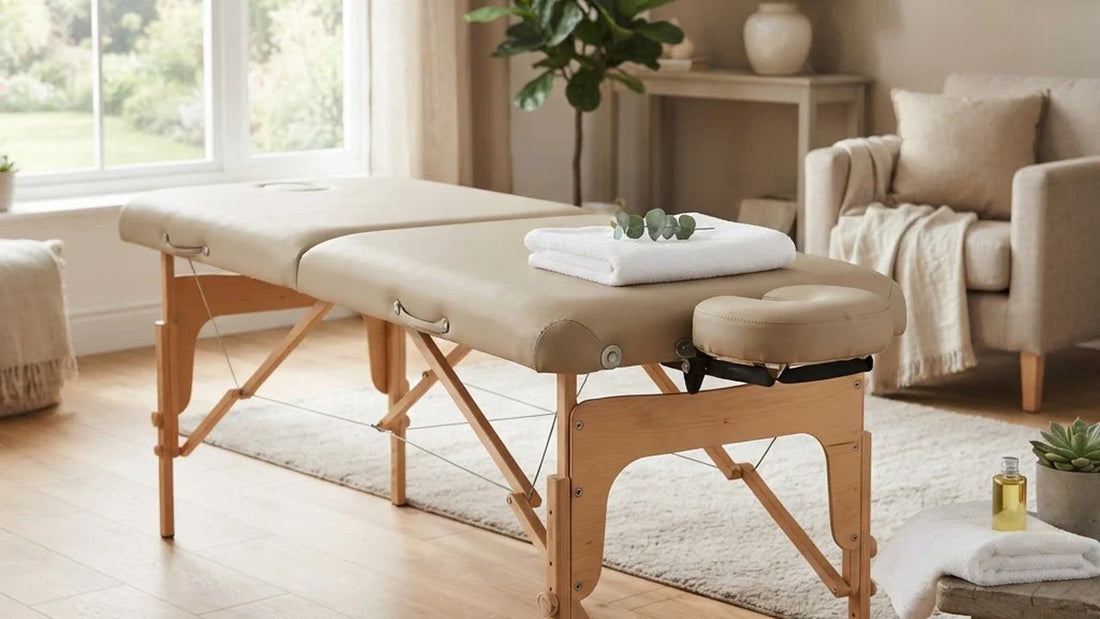 Table de massage pliante portable installee dans un salon - Le Bon Massage