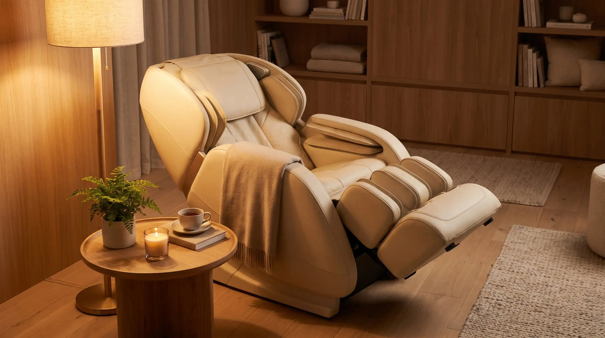 Fauteuil massant et fauteuil de massage premium dans un salon bien-être chaleureux, sélection Le Bon Massage