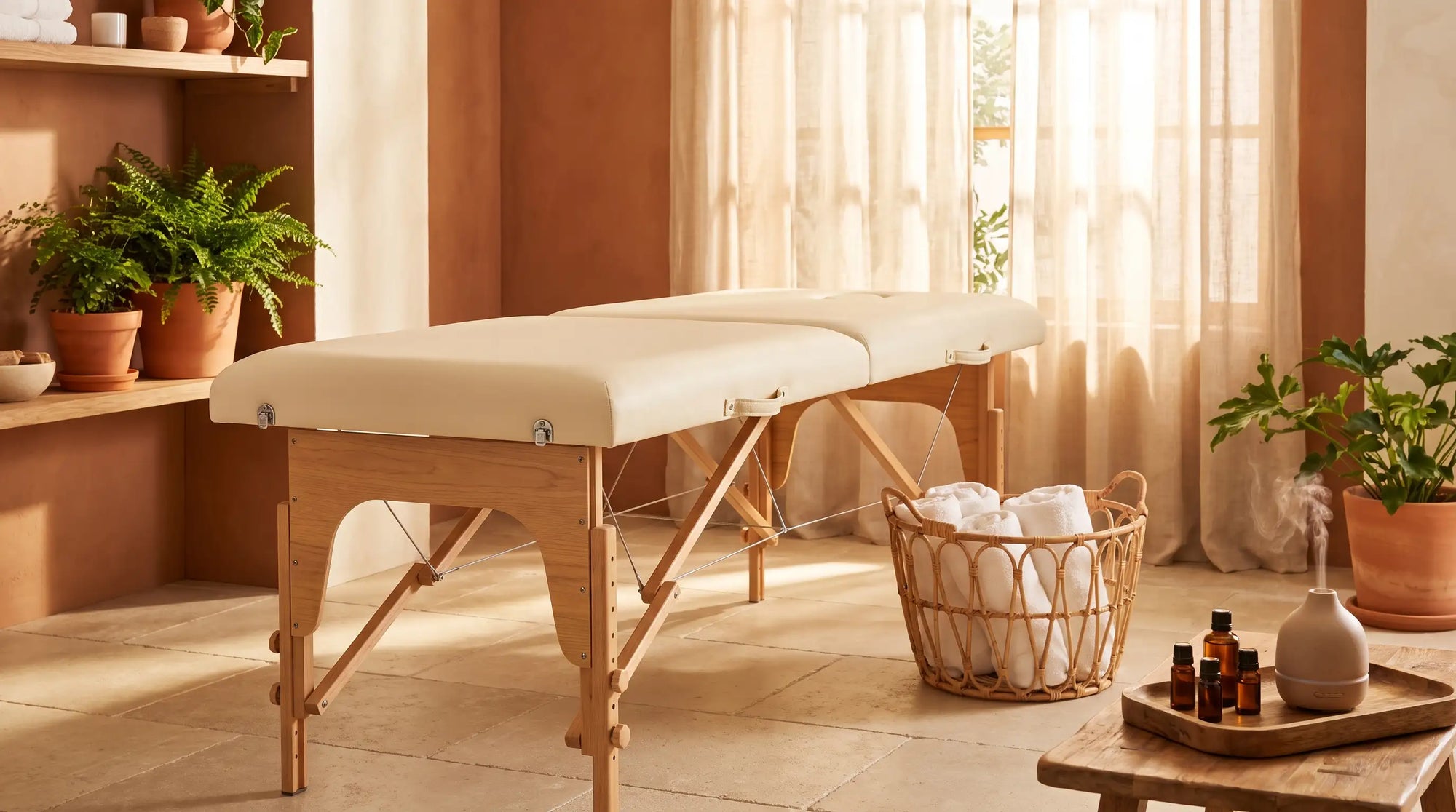 Table de massage en bois naturel dans un espace de soin chaleureux et organique, sélection Le Bon Massage
