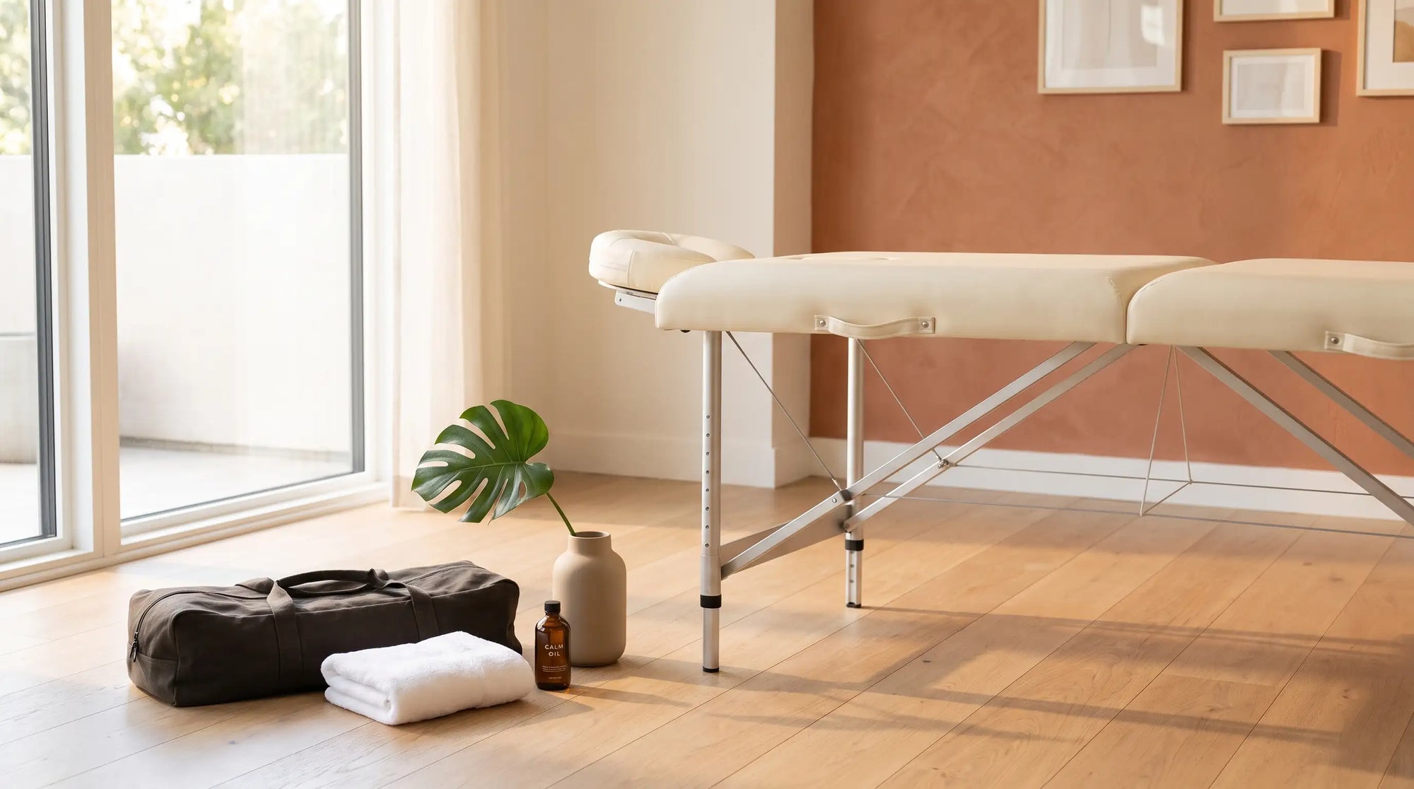 Table de massage pliable portable déployée dans un intérieur lumineux, sélection Le Bon Massage