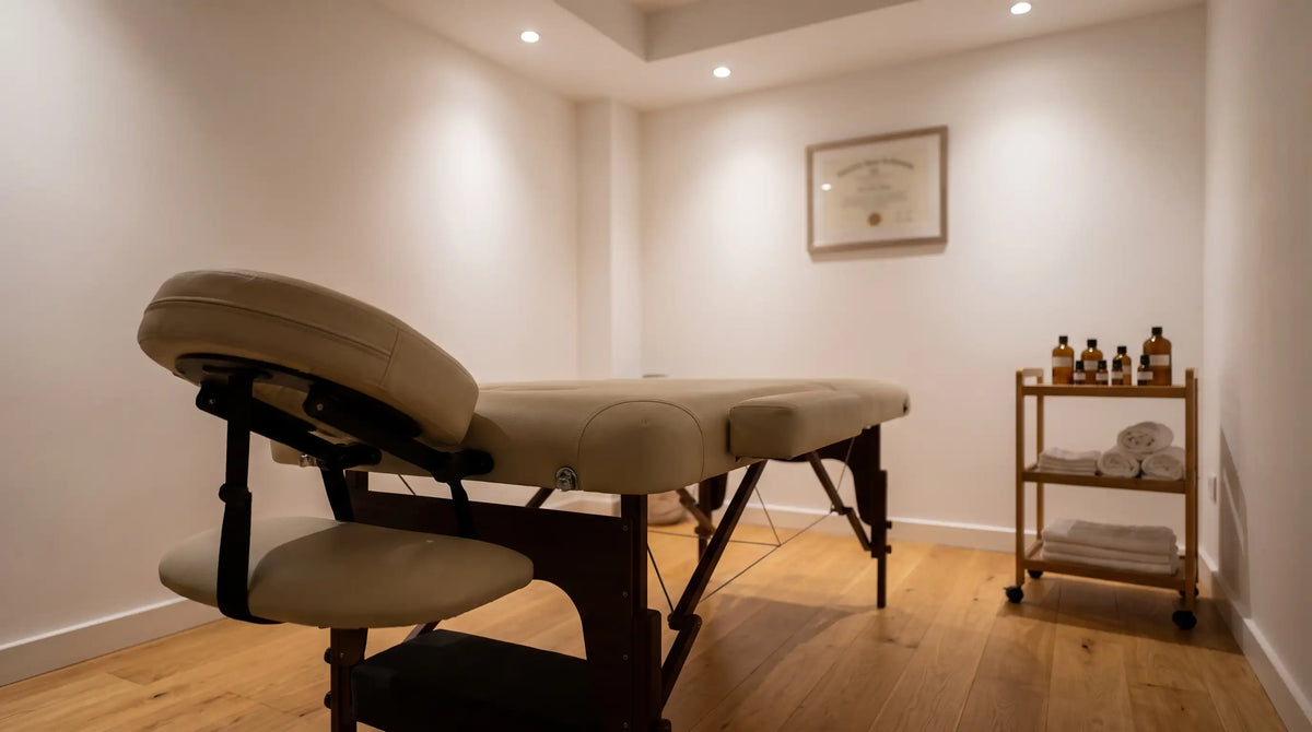 Table de massage professionnelle dans un cabinet de kinésithérapie, sélection Le Bon Massage