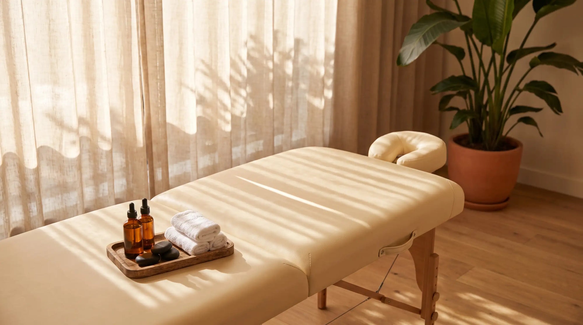 Table de massage professionnelle dans un espace de soin chaleureux, sélection Le Bon Massage