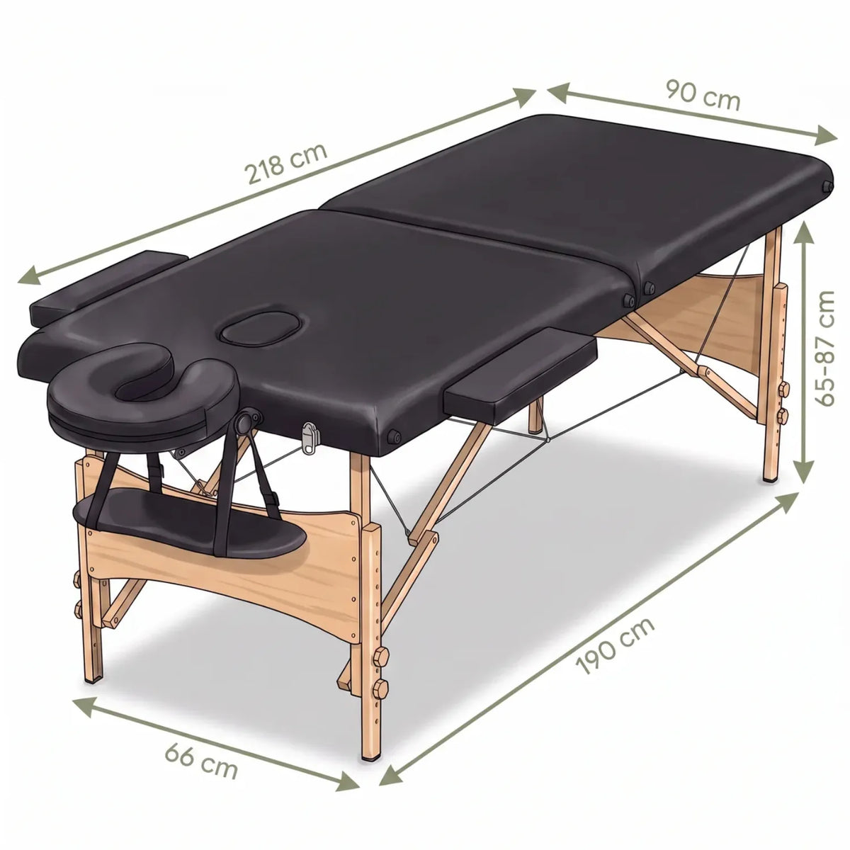Dimensions de la table de massage en bois pliable : 218 cm long, 90 cm large, hauteur 65-87 cm - Le Bon Massage