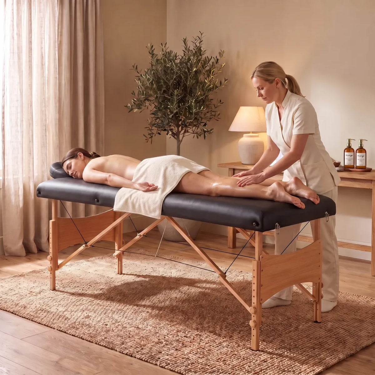 Massothérapeute massant les jambes d'un client allongé sur la table de massage en bois pliable - Le Bon Massage