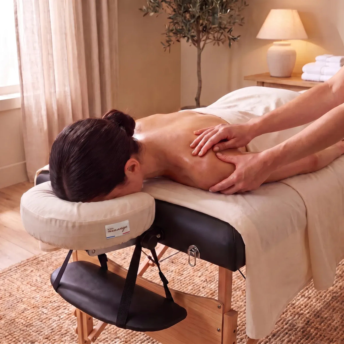 Soin de massage en cours sur la table de massage en bois pliable, praticien travaillant le dos du client - Le Bon Massage