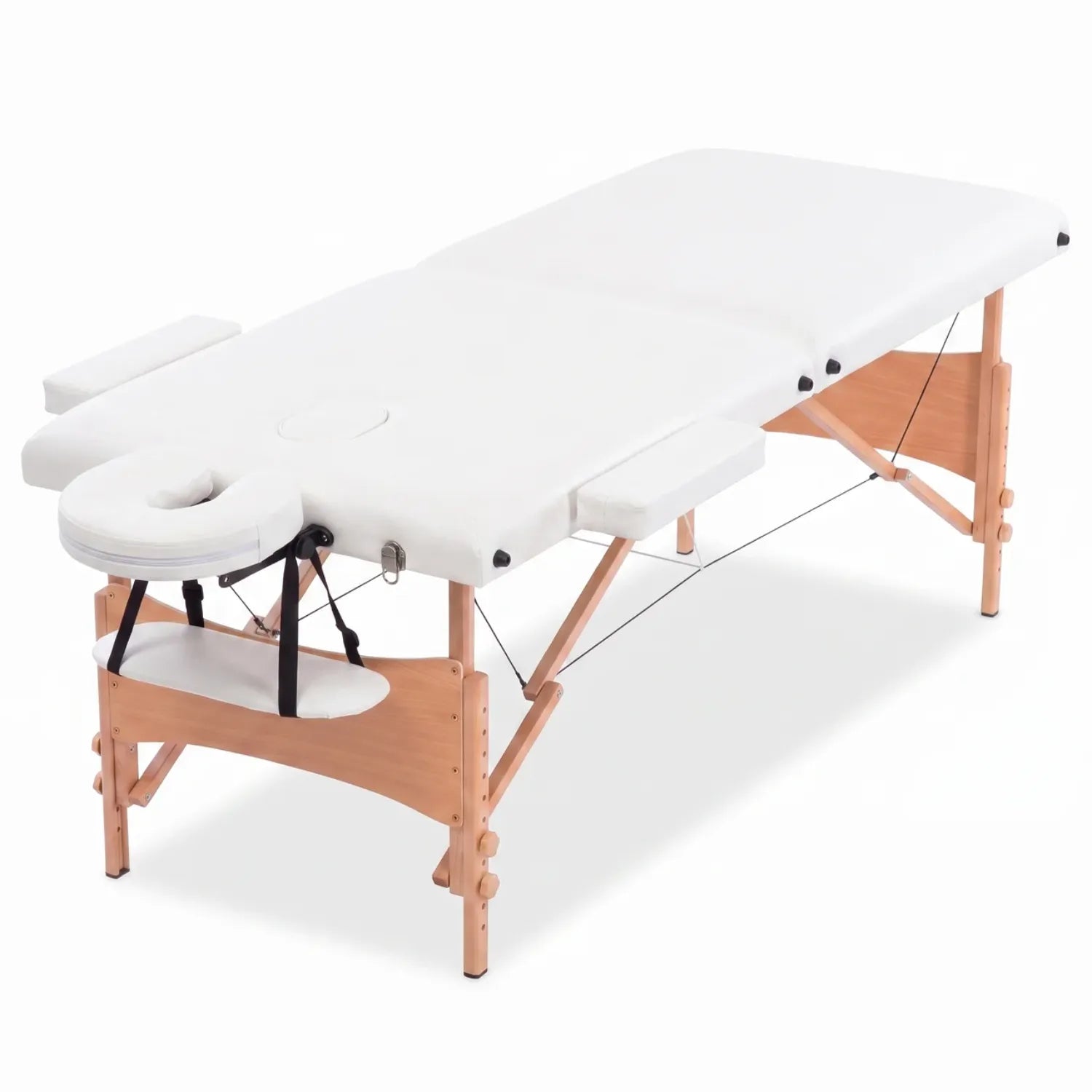 Table de massage en bois pliable avec surface claire et têtière amovible, vue détaillée du cadre - Le Bon Massage