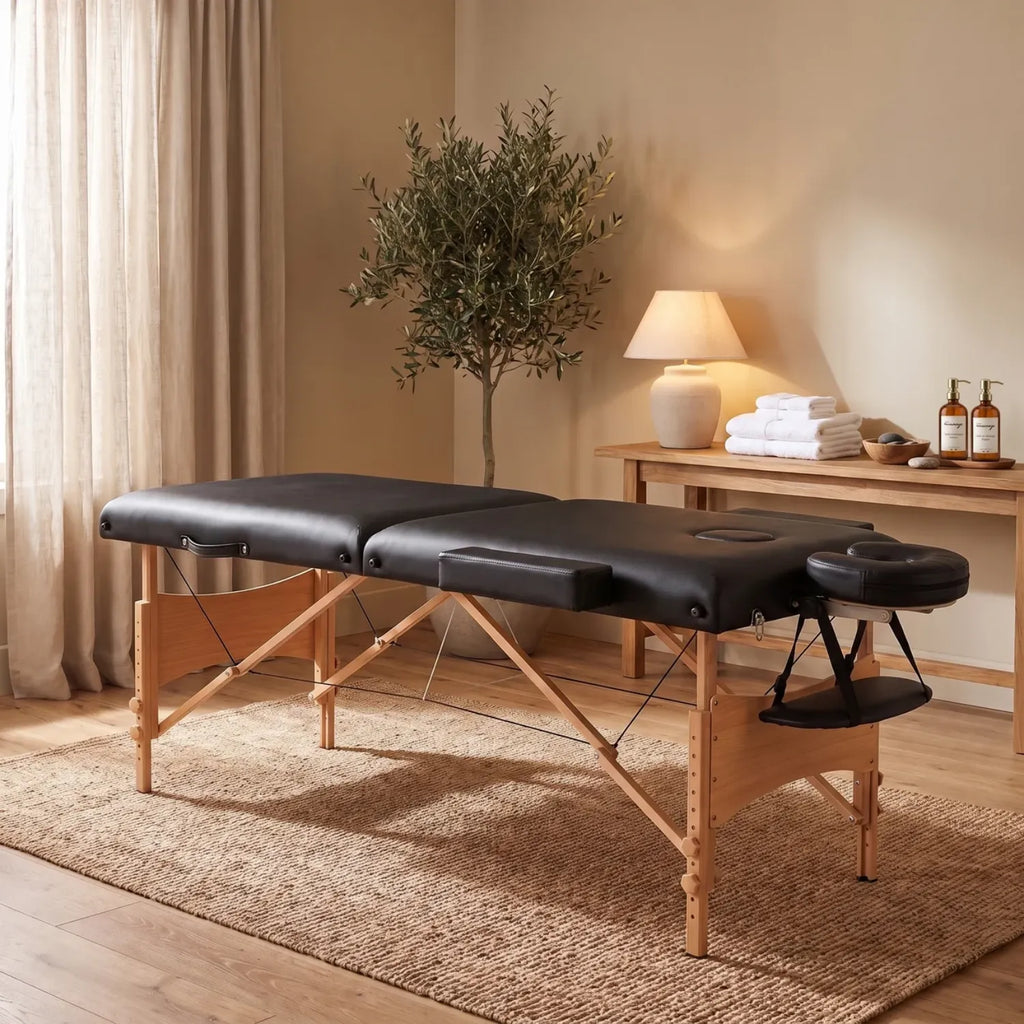 Table de massage en bois pliable dépliée dans un intérieur lumineux, cadre en bois massif et surface rembourrée - Le Bon Massage