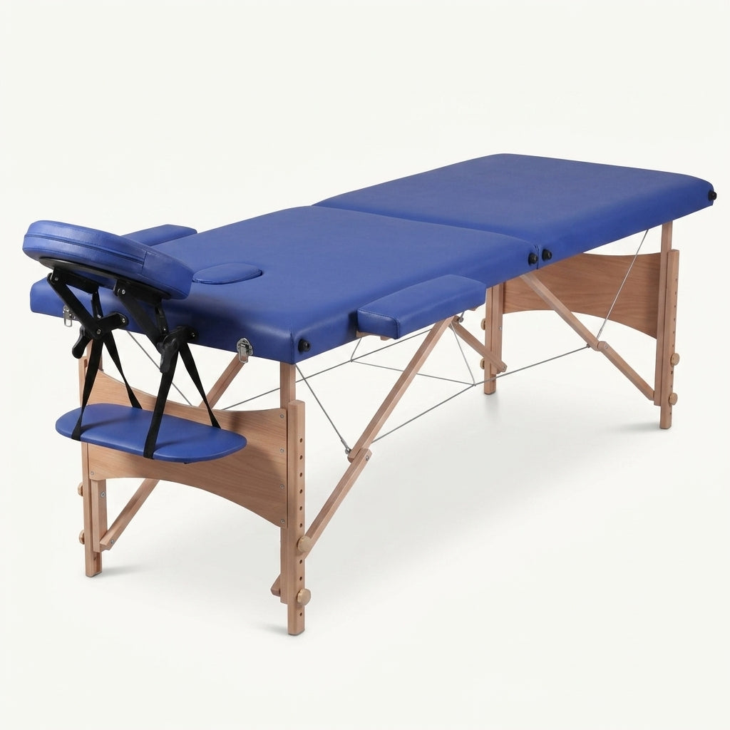 Table de massage pliante Bleu 2 zones avec cadre en bois produit le bon massage