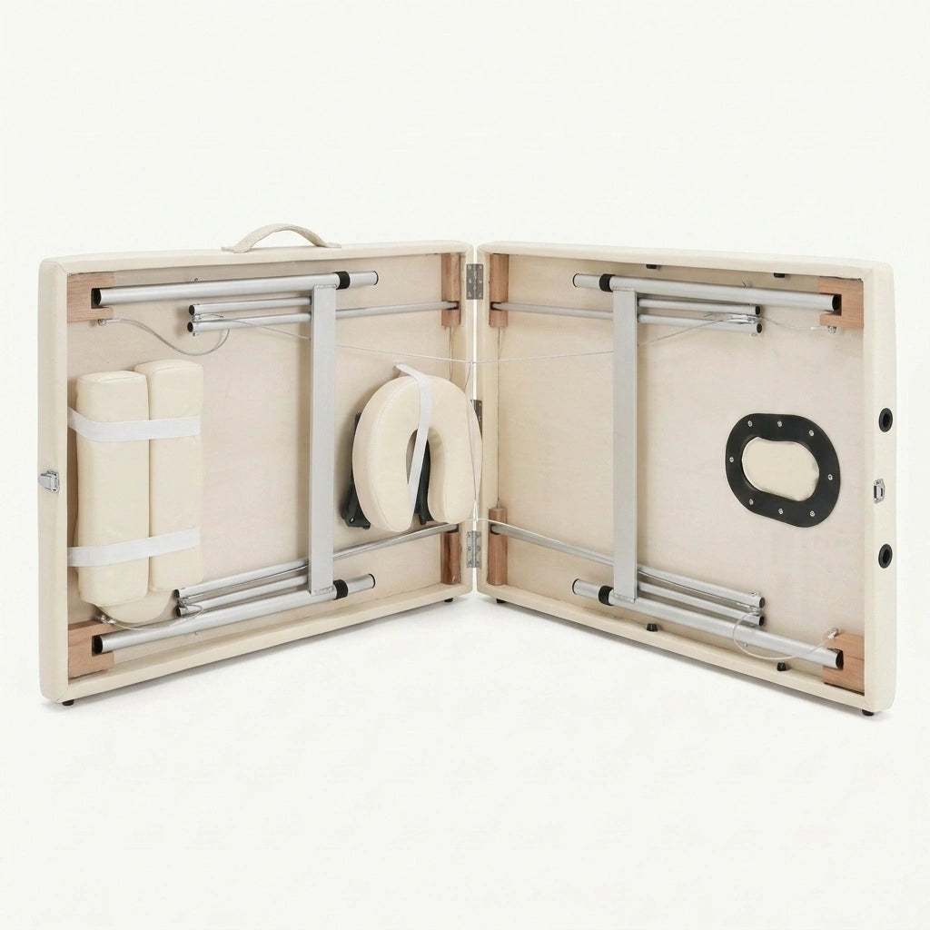 Table de massage pliante aluminium blanc creme semi pliee lebonmassage