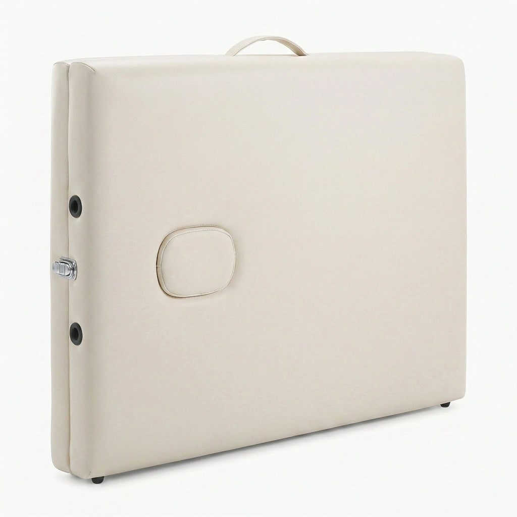 Table de massage pliante aluminium blanc creme sur fond blanc pliee lebonmassage