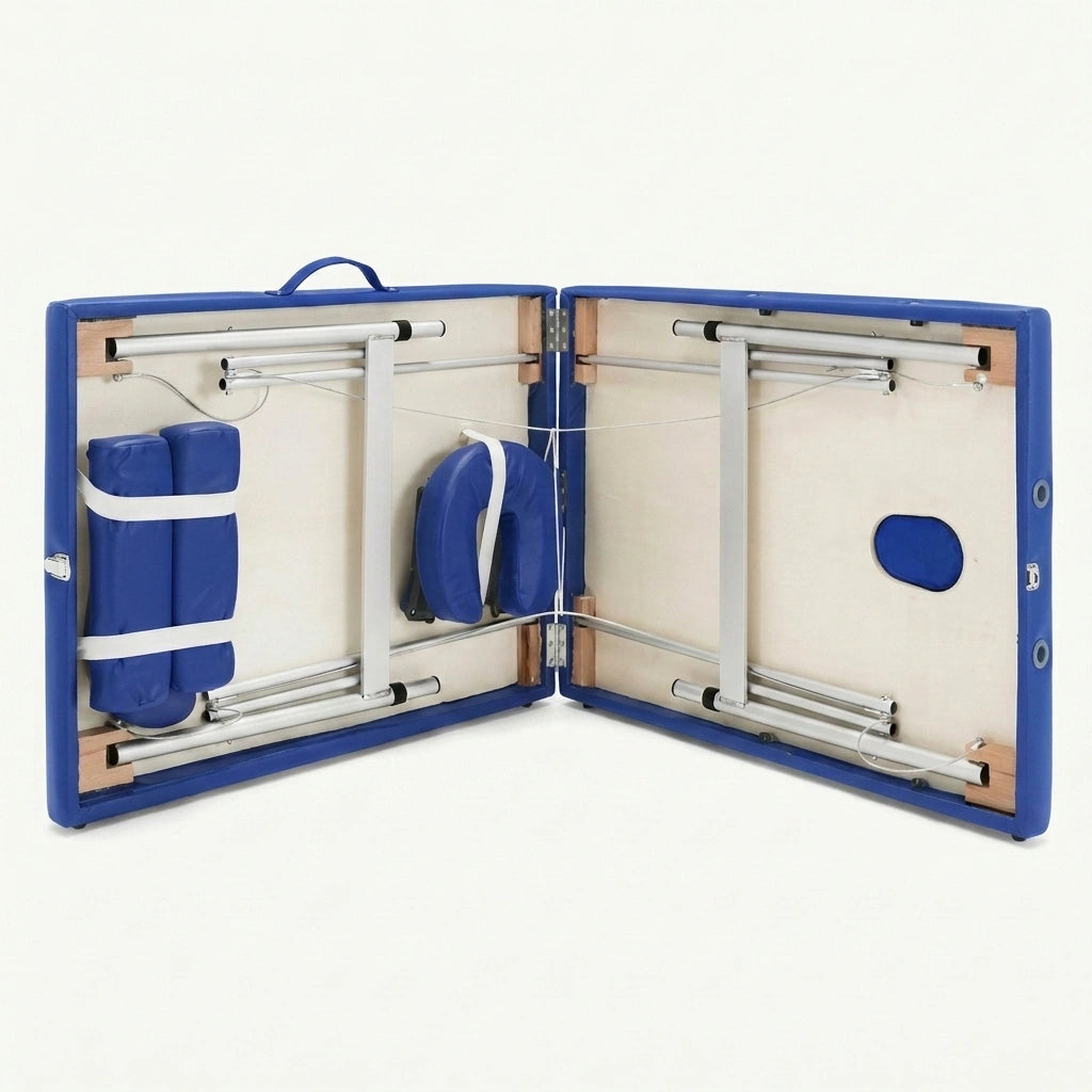 Table de massage pliante aluminium bleu semi pliee lebonmassage