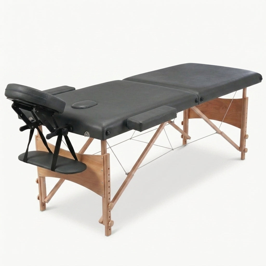 Table de massage pliante anthracite Bleu 2 zones avec cadre en bois produit le bon massage