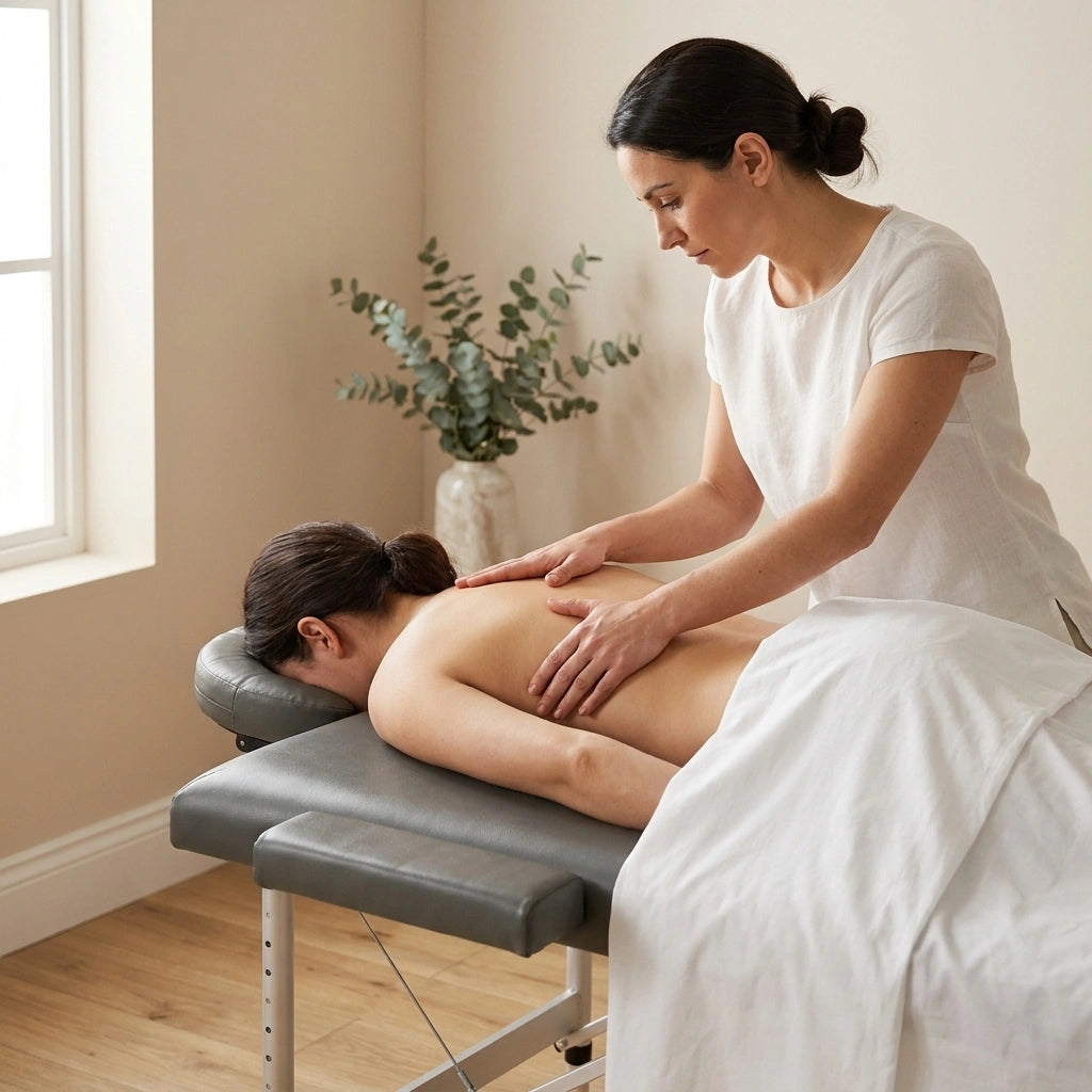Table de massage pliante antracite avec masseuse en situation lebonmassage