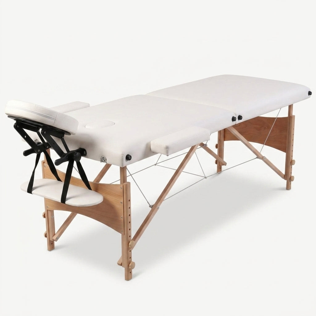 Table de massage pliante blanc creme 2 zones avec cadre en bois produit le bon massage