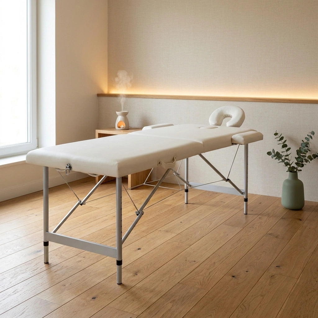 Table de massage pliante blanc creme en situation lebonmassage