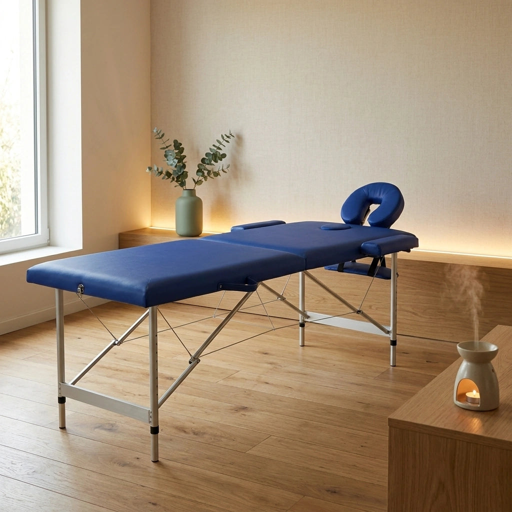Table de massage pliante bleu en situation lebonmassage