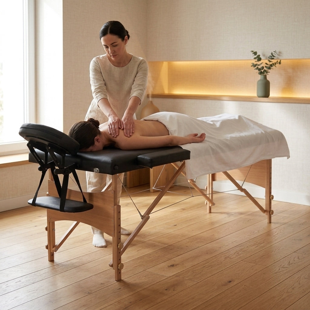 Table de massage pliante mise en situation cabinet massage en cours lebonmassage