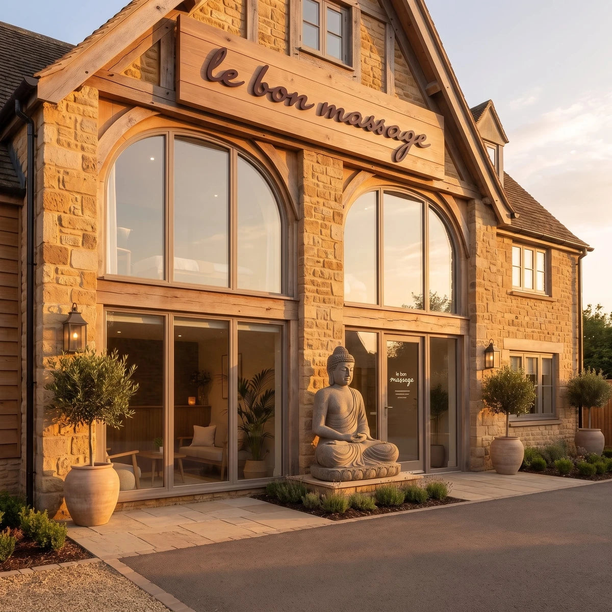 Devanture en pierre du cabinet Le Bon Massage au coucher du soleil
