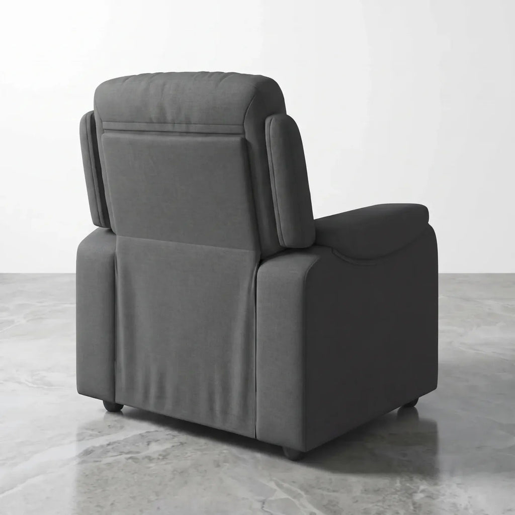 Fauteuil relax manuel massant en tissu, vue arrière du dossier rembourré avec couture et maintien stable - Le Bon Massage