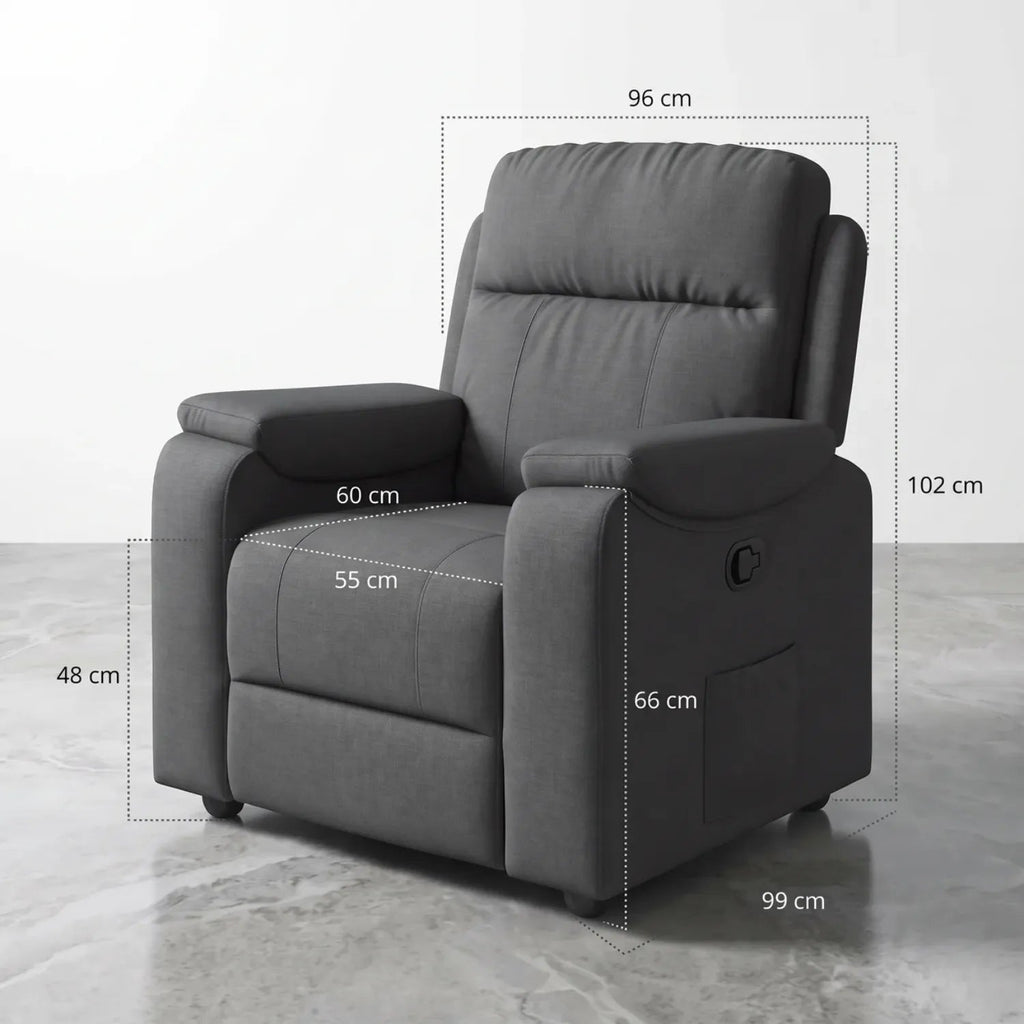 Fauteuil relax manuel massant en tissu gris, dimensions assise 96 x 99 x 102 cm avec siège 55 cm de large - Le Bon Massage