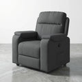 Fauteuil relax manuel massant en tissu gris, vue de face avec languette d'inclinaison et poche latérale - Le Bon Massage