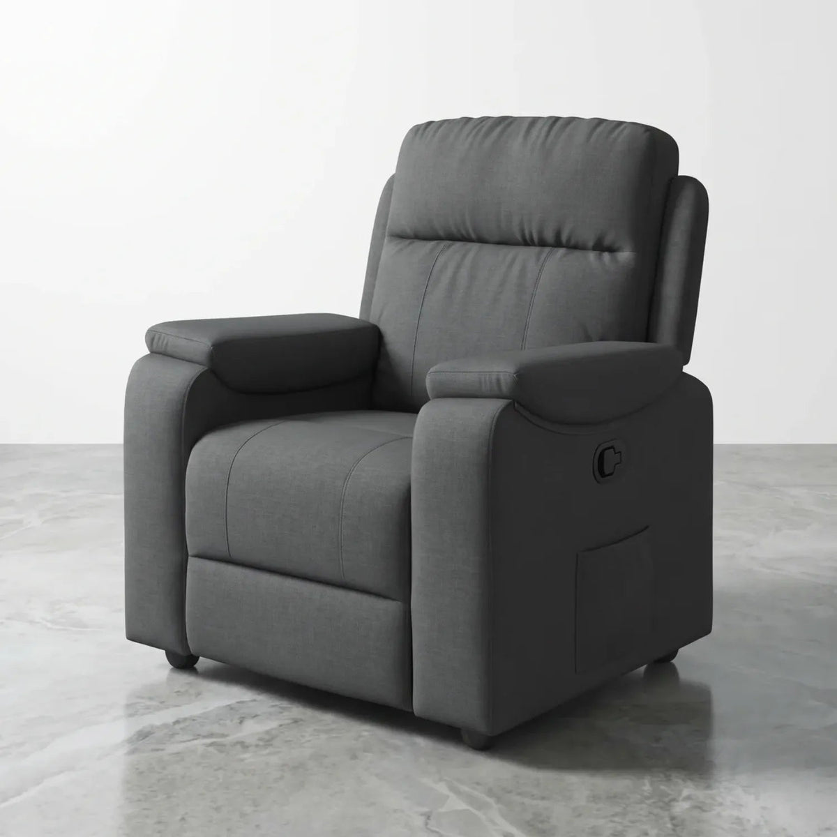 Fauteuil relax manuel massant en tissu gris, vue de face avec languette d'inclinaison et poche latérale - Le Bon Massage