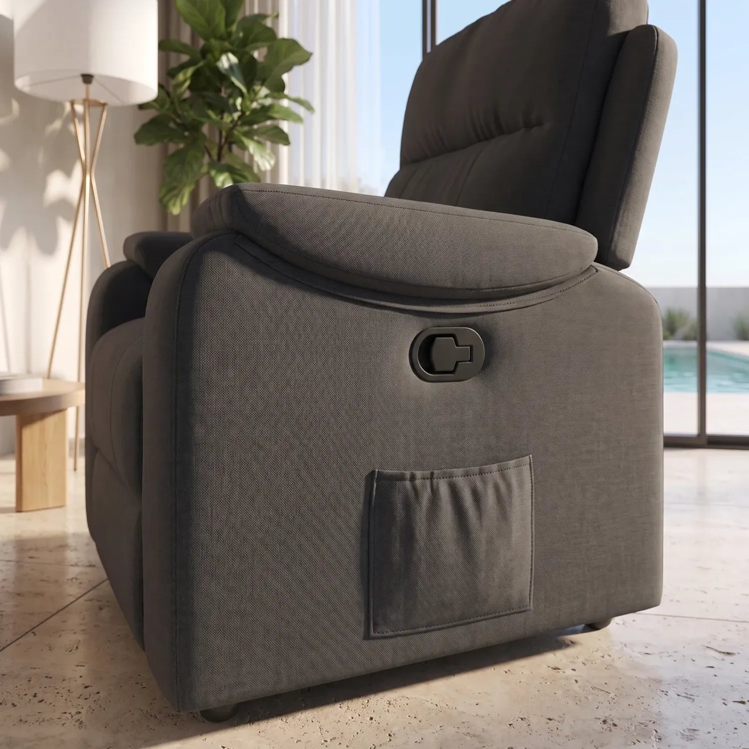 Fauteuil relax manuel massant en tissu, languette d'inclinaison manuelle et poche latérale pour la télécommande - Le Bon Massage