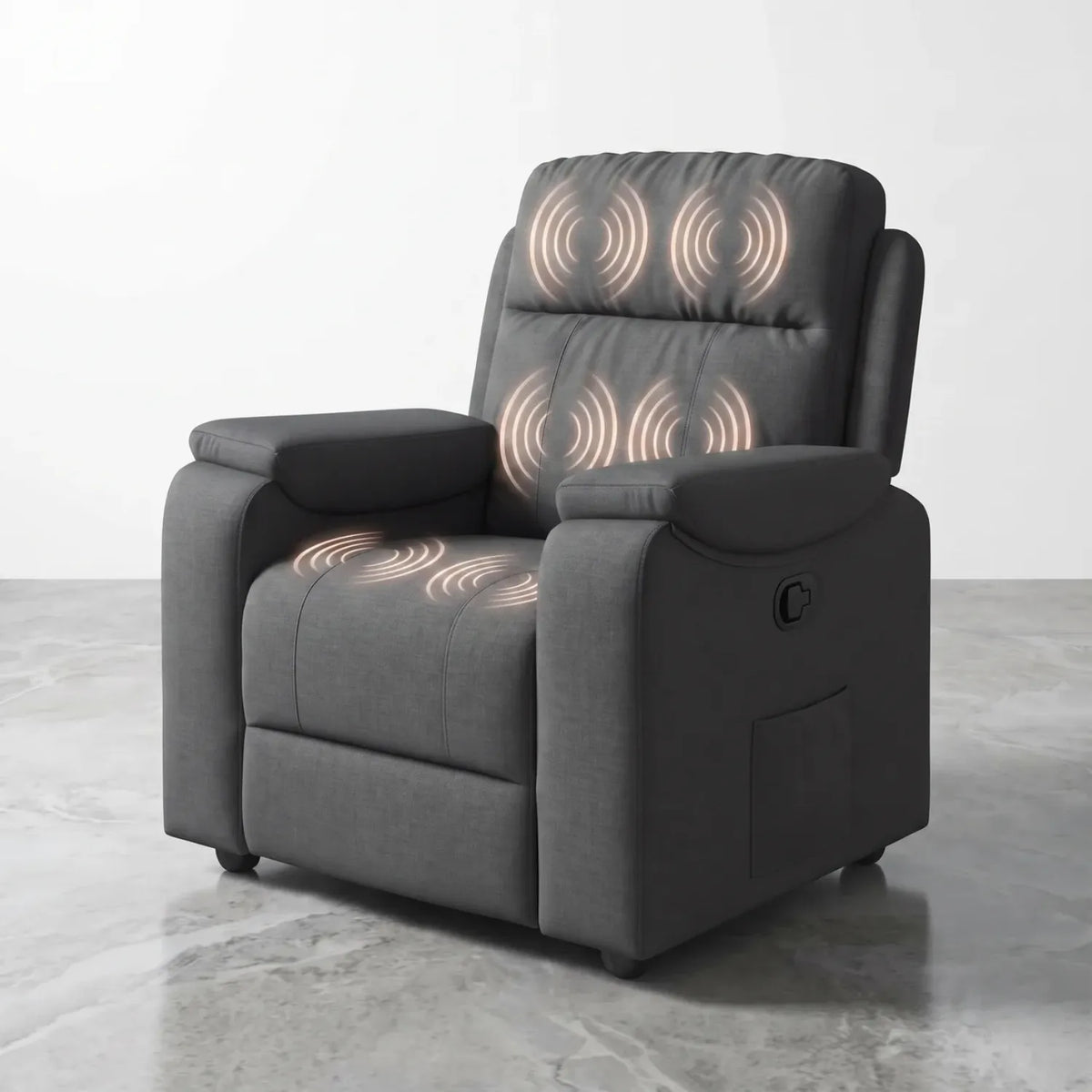 Fauteuil relax manuel massant en tissu, vue de côté avec profil d'inclinaison et accoudoirs rembourrés - Le Bon Massage
