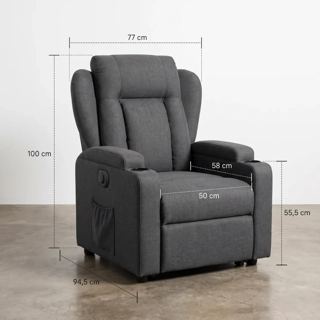 Fauteuil releveur électrique en tissu gris, dimensions assise 100 x 77 x 94,5 cm avec siège 58 cm de large - Le Bon Massage