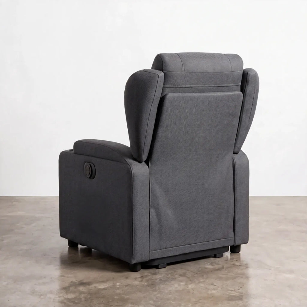Fauteuil releveur électrique, vue arrière du dossier rembourré avec ailerons de maintien et structure stable - Le Bon Massage