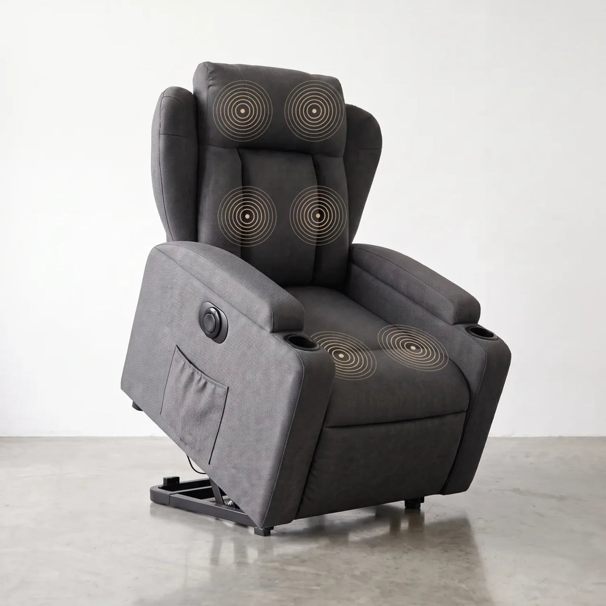 fauteuil releveur electrique tissu-gris face levage photo, studio, le bon massage représentant les six zones de massage