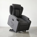 Fauteuil releveur électrique en tissu gris, vue de face en studio avec mécanisme de levage motorisé visible - Le Bon Massage
