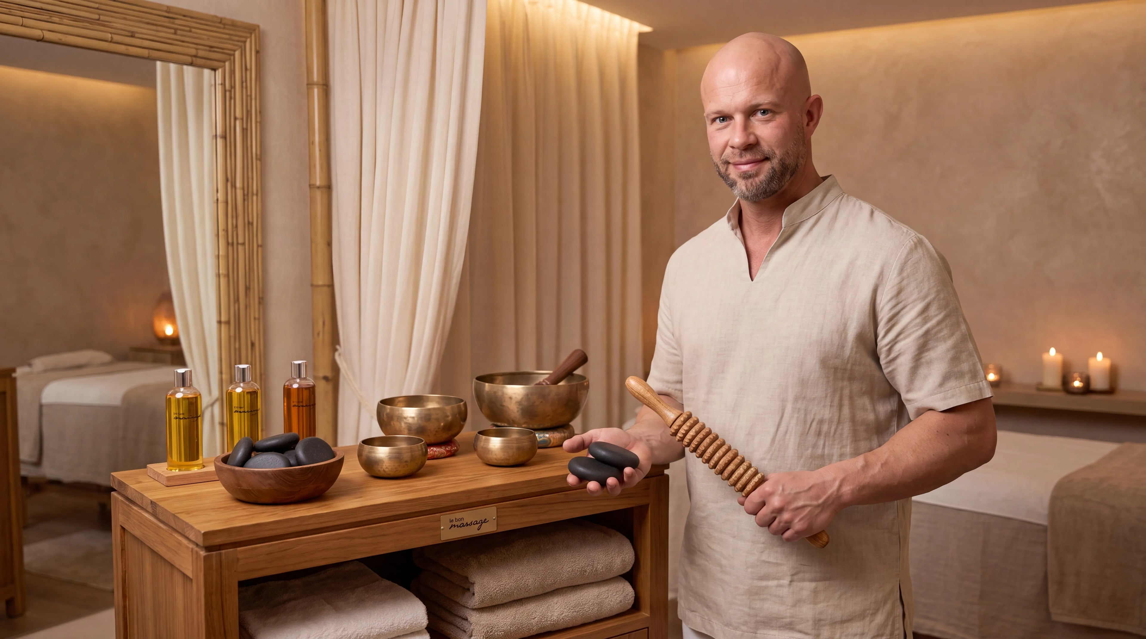 Julien Delrieu, praticien en massage holistique avec bols tibétains et pierres volcaniques dans son cabinet — Le Bon Massage