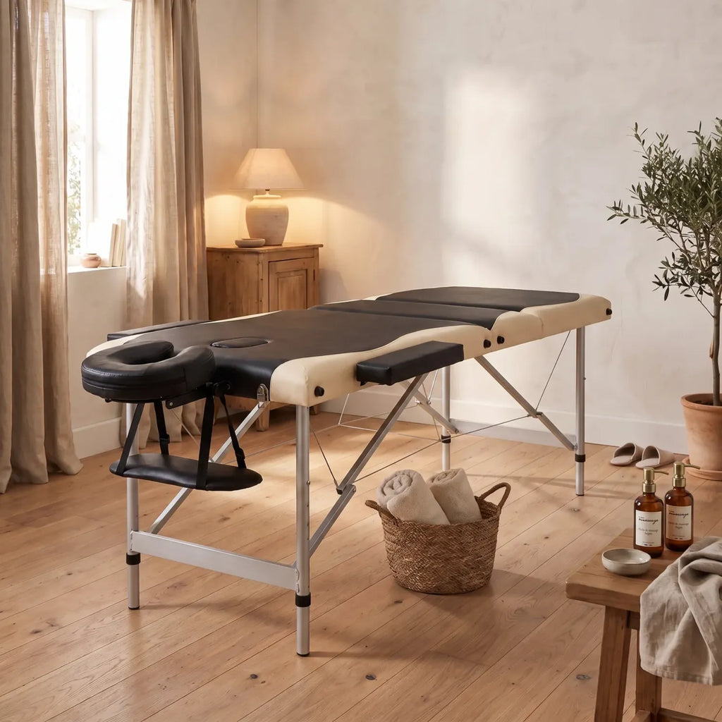 Table de massage pliante aluminium 3 zones installée dans un cabinet de massage - Le Bon Massage