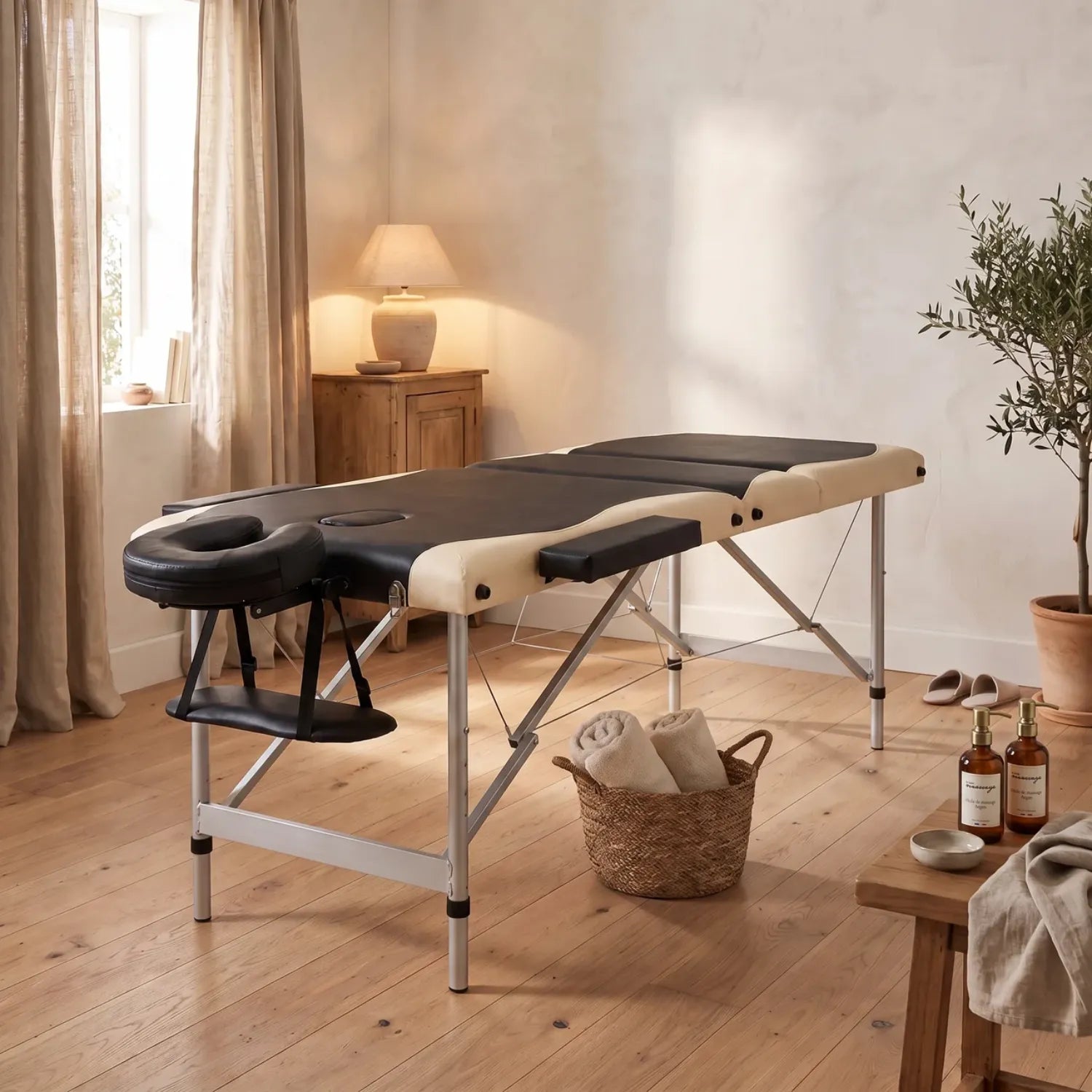Table de massage pliante aluminium 3 zones installée dans un cabinet de massage - Le Bon Massage