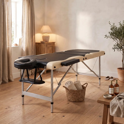 Table de massage pliante aluminium 3 zones installée dans un cabinet de massage - Le Bon Massage
