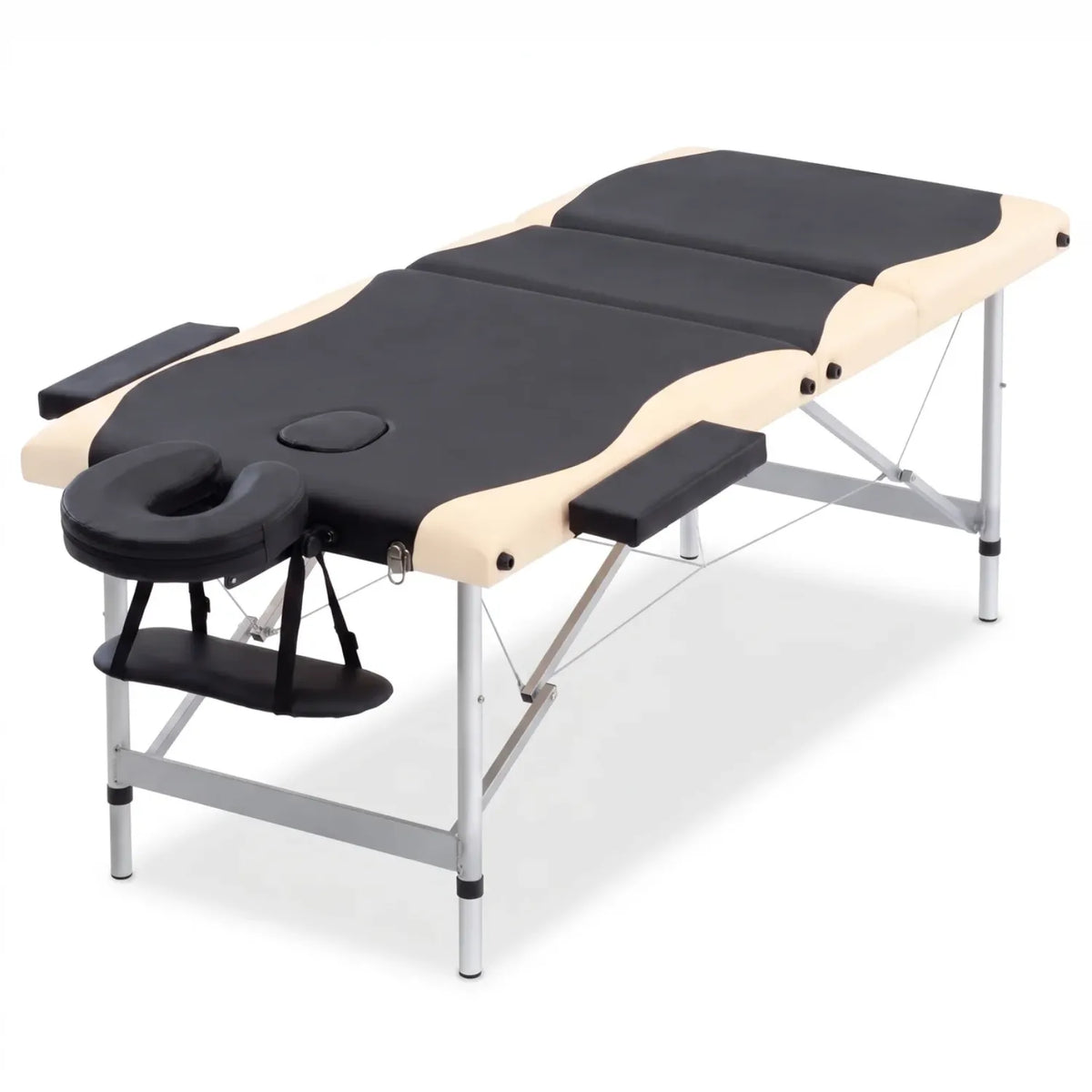 Table de massage pliante aluminium 3 zones ouverte avec repose-tête et accoudoirs sur fond blanc - Le Bon Massage