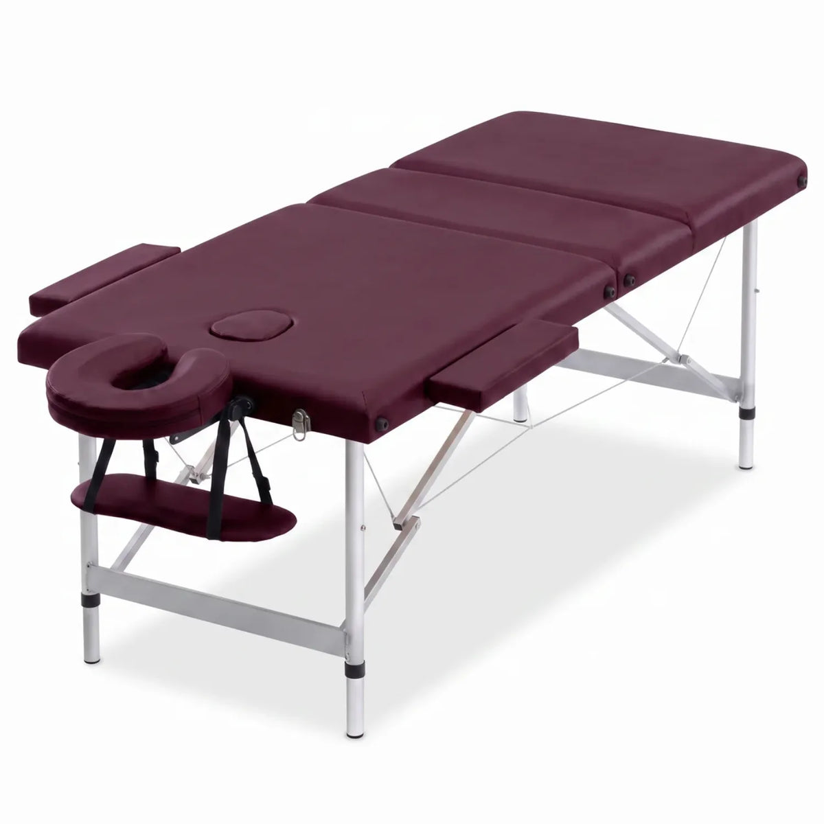 Table de massage pliante aluminium 3 zones en bordeaux avec repose-tête sur fond blanc - Le Bon Massage