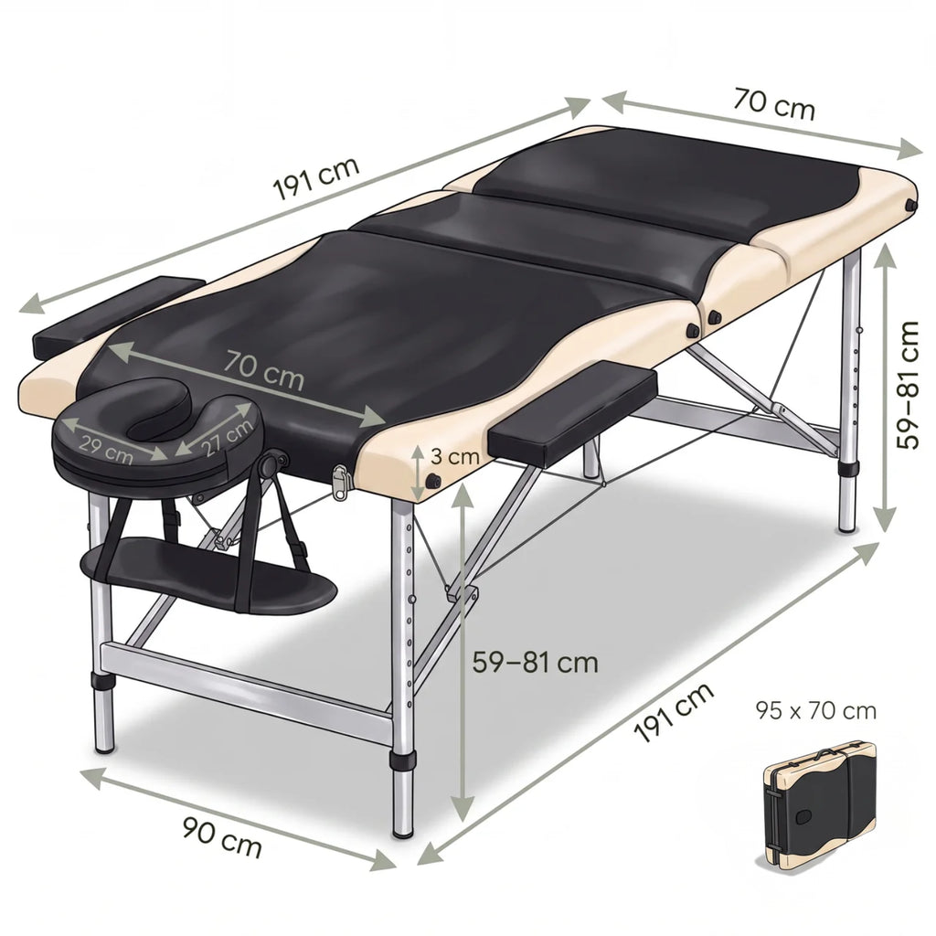 Schéma des dimensions de la table de massage pliante aluminium 3 zones - Le Bon Massage