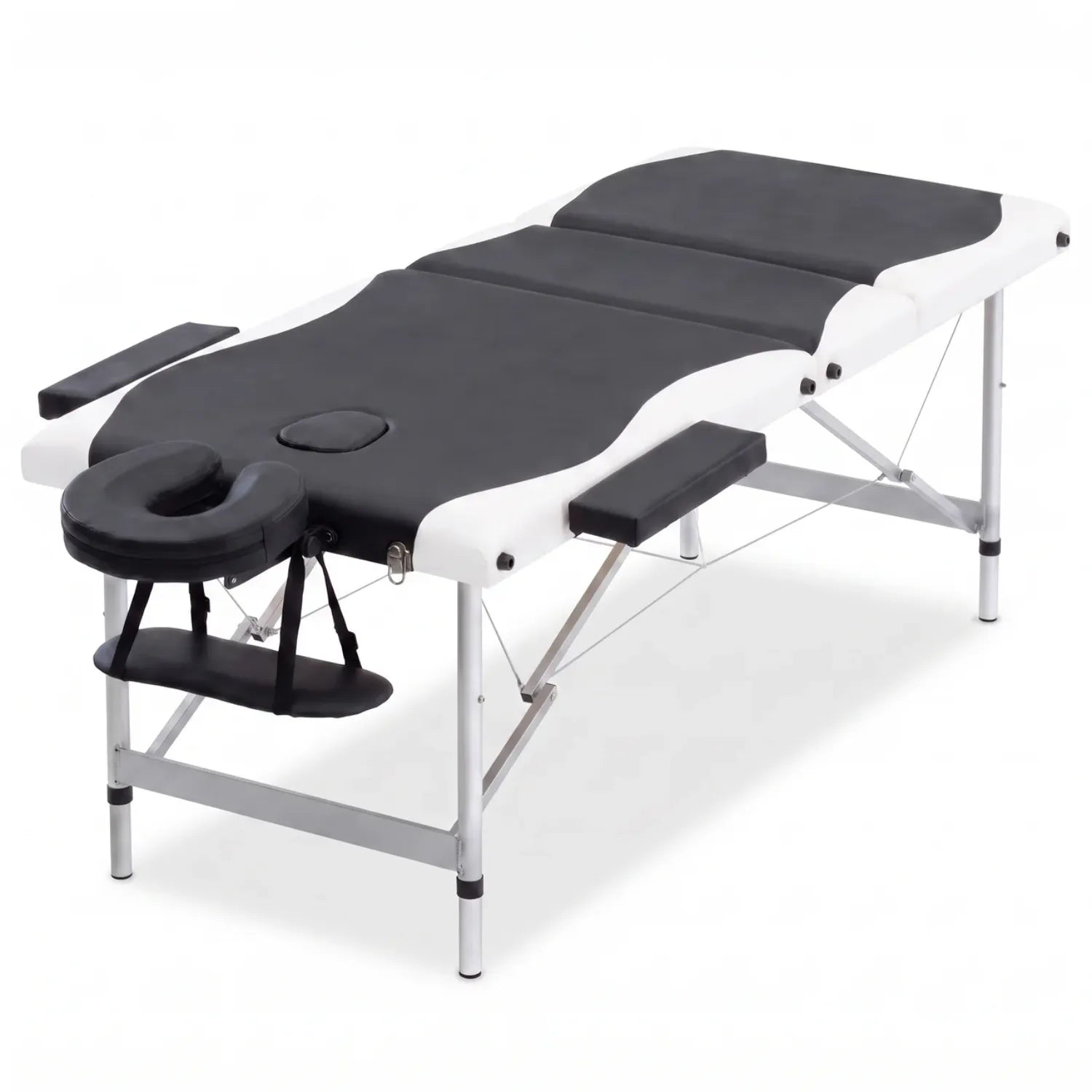 Table de massage pliante aluminium 3 zones en noir et blanc avec repose-tête sur fond blanc - Le Bon Massage
