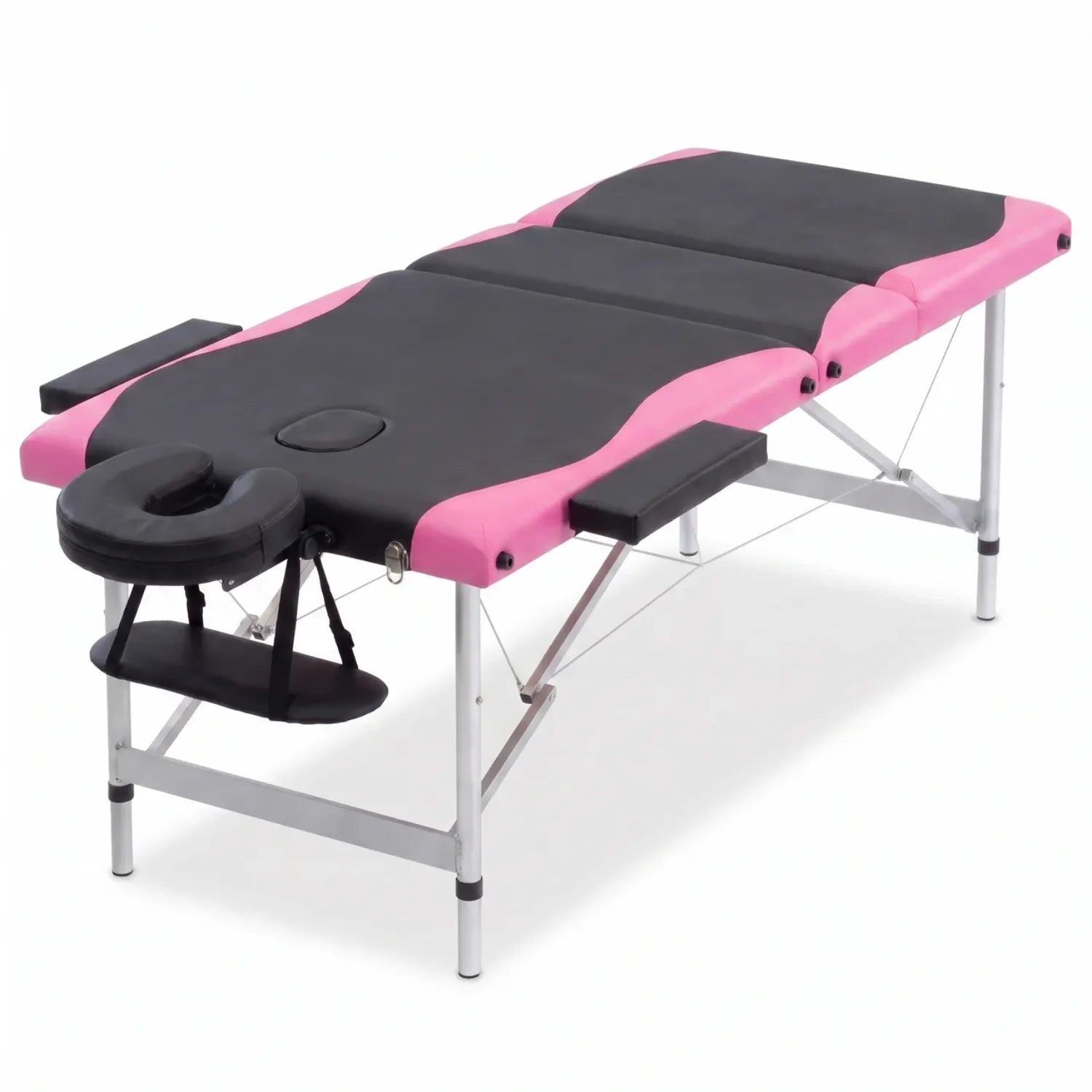 Table de massage pliante aluminium 3 zones en noir et rose avec repose-tête sur fond blanc - Le Bon Massage