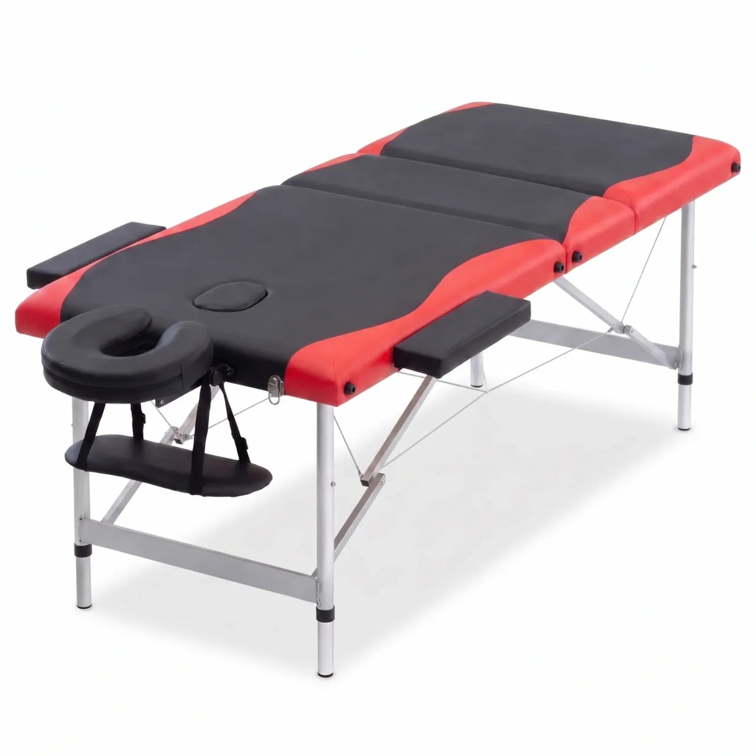 Table de massage pliante aluminium 3 zones en noir et rouge avec repose-tête sur fond blanc - Le Bon Massage