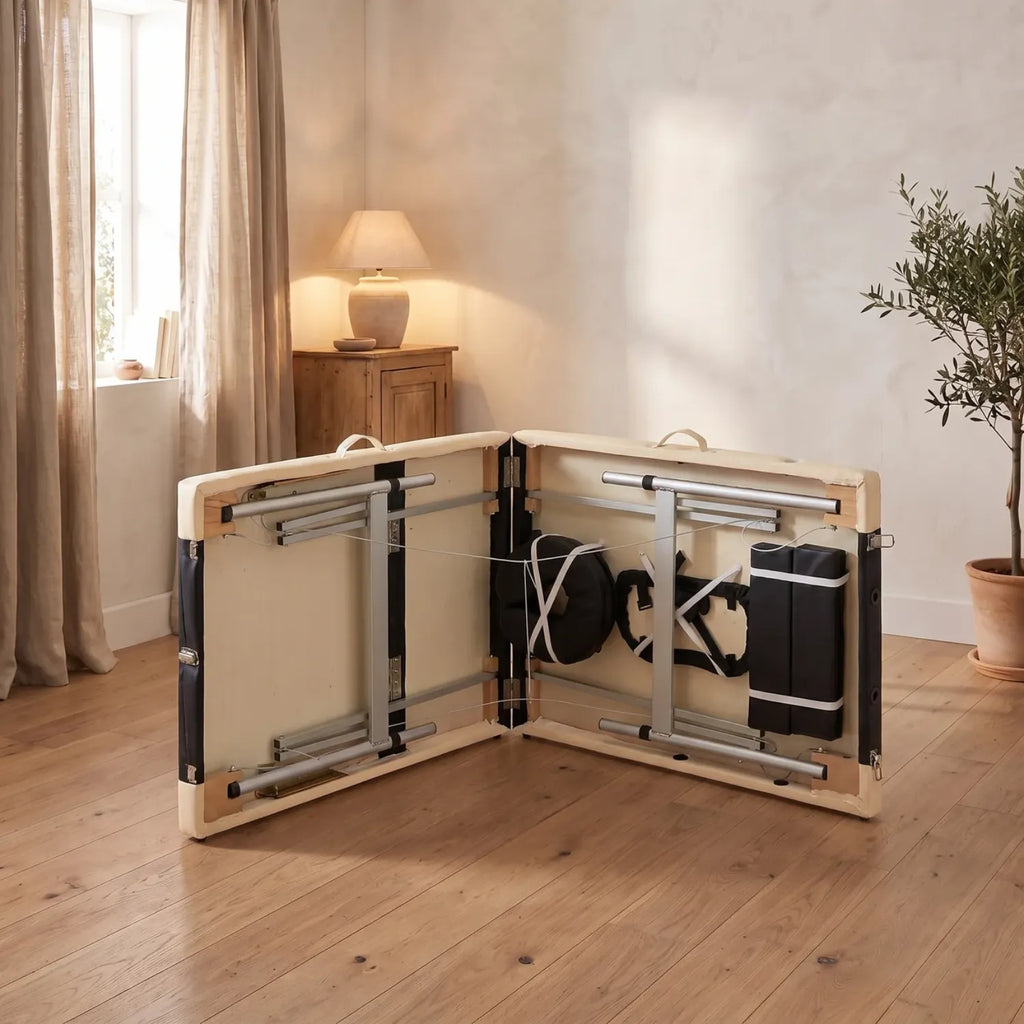 Table de massage pliante aluminium repliée en format valise dans un intérieur - Le Bon Massage