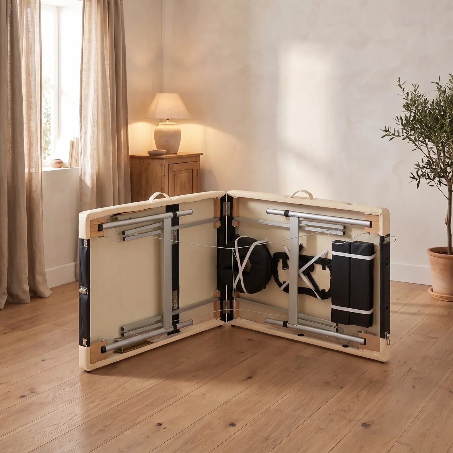 Table de massage pliante aluminium repliée en format valise dans un intérieur - Le Bon Massage
