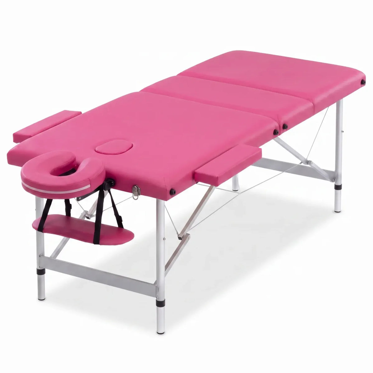 Table de massage pliante aluminium 3 zones en rose avec repose-tête sur fond blanc - Le Bon Massage